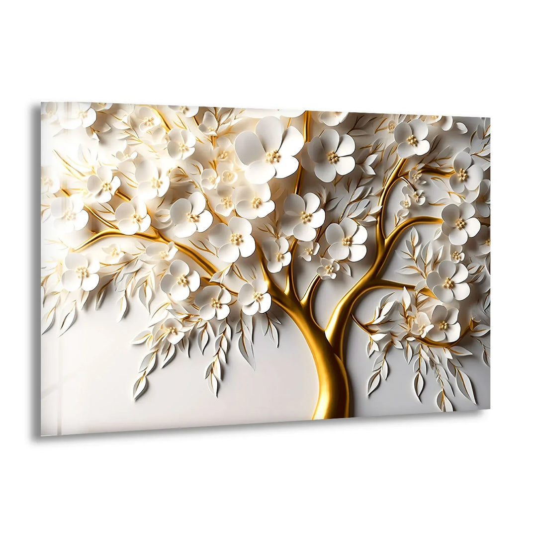 Golden Blossom Tree Wall Art – White Floral Glass Artwork for Elegant Decor - MyPhotoStation