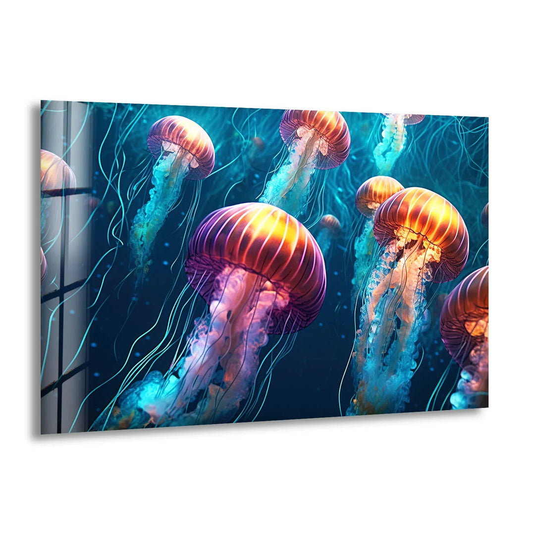 Glowing Jellyfish Wall Art – Underwater Ocean Scene Glass Print - MyPhotoStation