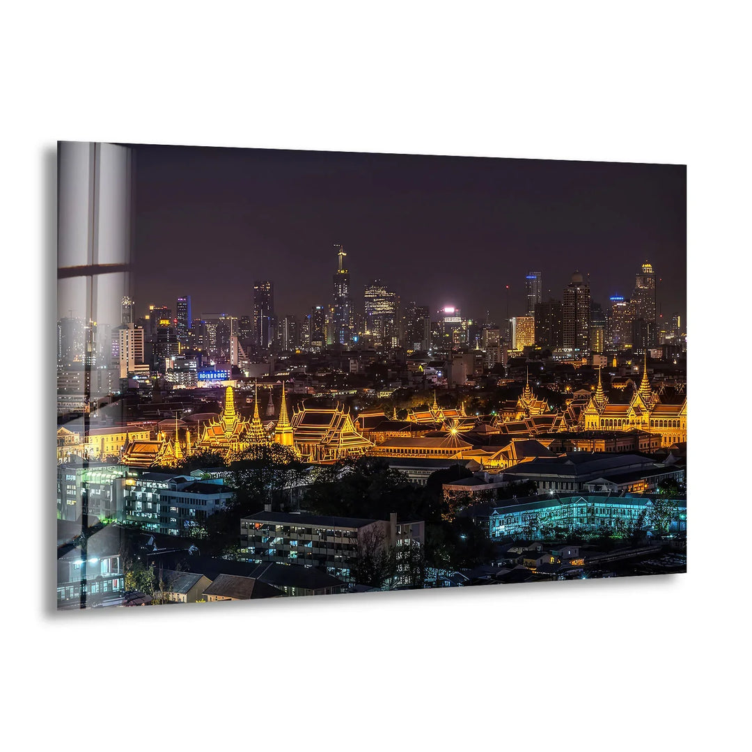 Bangkok Skyline at Night Wall Art – Illuminated Temple Cityscape Glass Print - MyPhotoStation