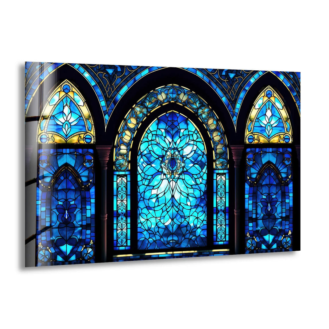 Gothic Blue Stained Glass Wall Art – Elegant Arched Window Design, Vintage Cathedral-Inspired Home Decor - MyPhotoStation