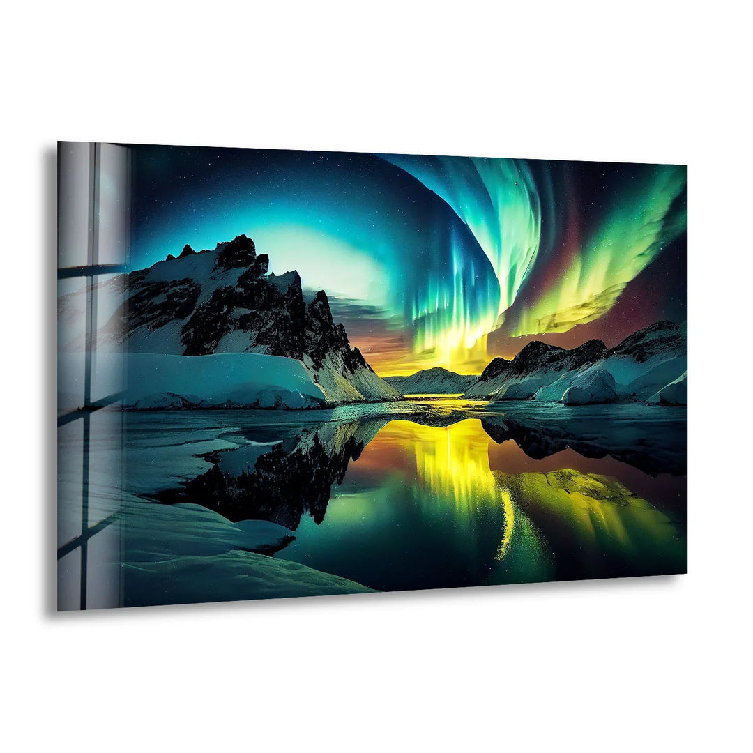 Aurora Borealis Glass Wall Art – Northern Lights Over Arctic Mountains - MyPhotoStation
