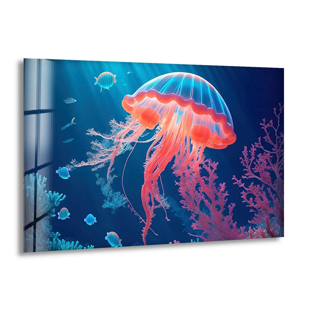 Neon Jellyfish Wall Art – Underwater Ocean Scene Glass Print Decor - MyPhotoStation
