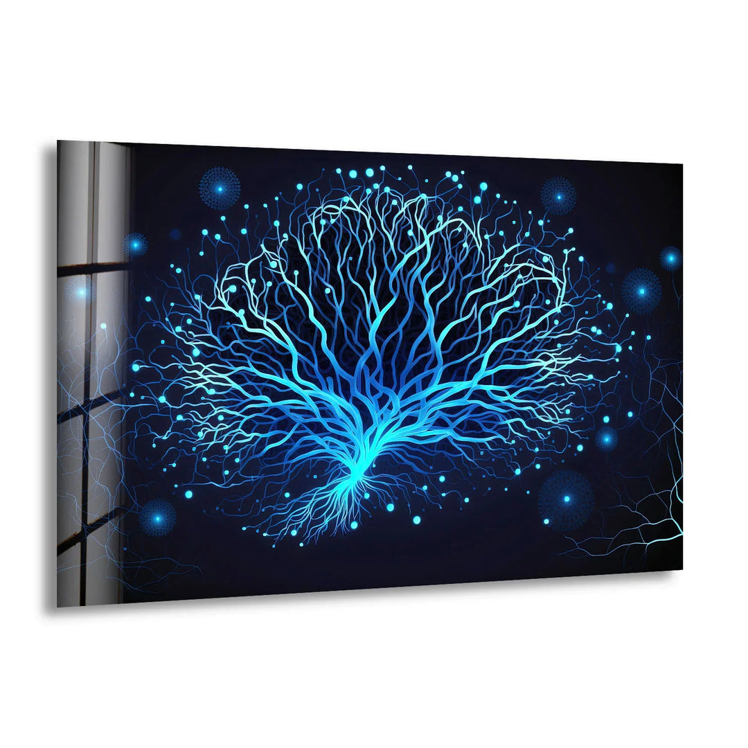 Neural Tree Wall Art – Futuristic Blue Nerve Pattern Glass Print for Interior Elegance - MyPhotoStation
