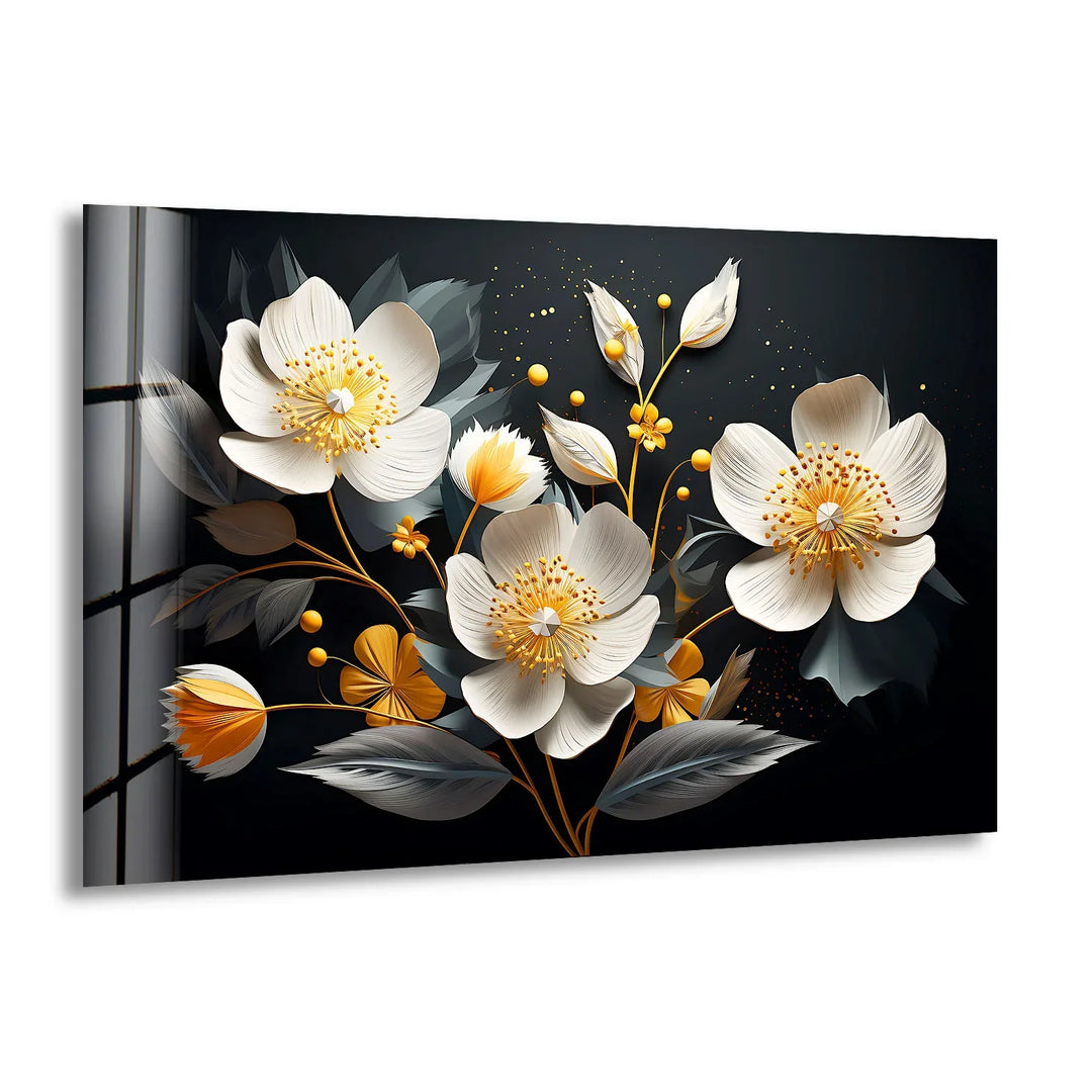 Elegant Bloom Glass Wall Art – White & Gold Floral Design - MyPhotoStation