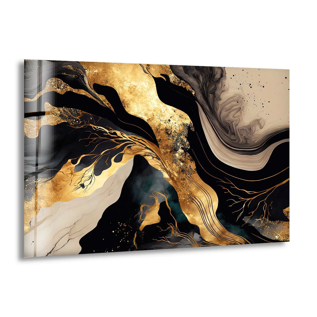 Black & Gold Abstract Glass Wall Art – Luxury Modern Fluid Design - MyPhotoStation