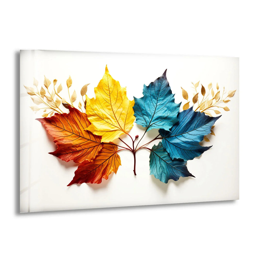 Colorful Autumn Leaves Wall Art – Modern Botanical Glass Print with Red, Yellow, and Blue Foliage - MyPhotoStation