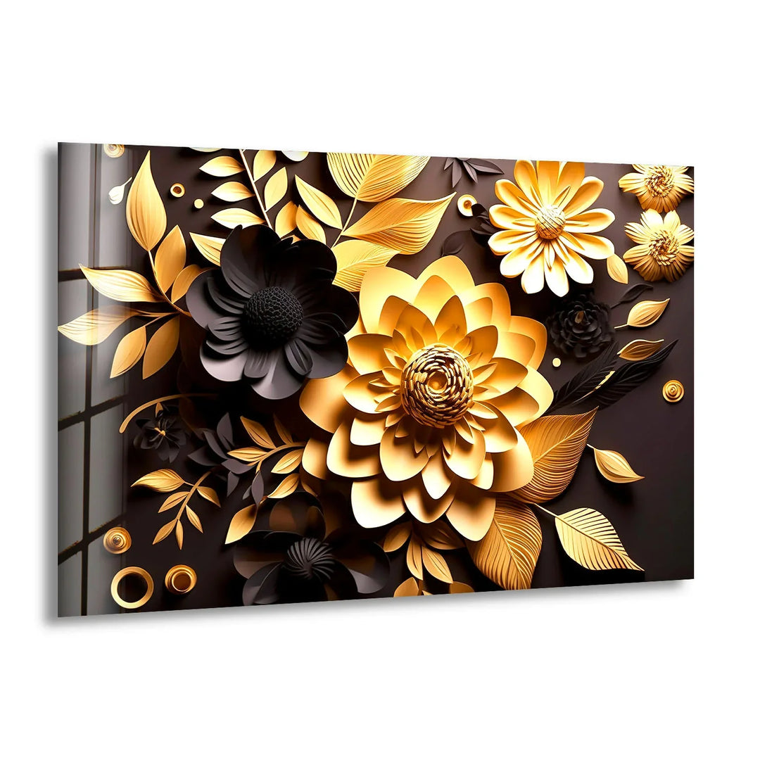 Golden Bloom Floral Wall Art – Black and Gold Tempered Glass Decor - MyPhotoStation