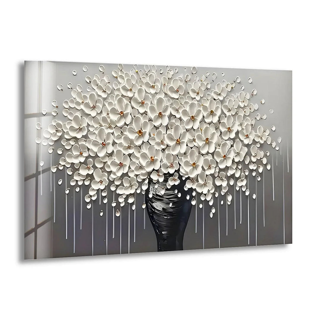 White Flowers and Grey Vase Glass Wall Art print picture on glass, Tempered Glass Wall Art