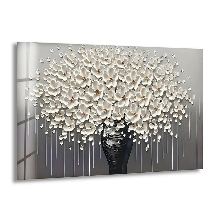 White Flowers and Grey Vase Glass Wall Art print picture on glass, Tempered Glass Wall Art