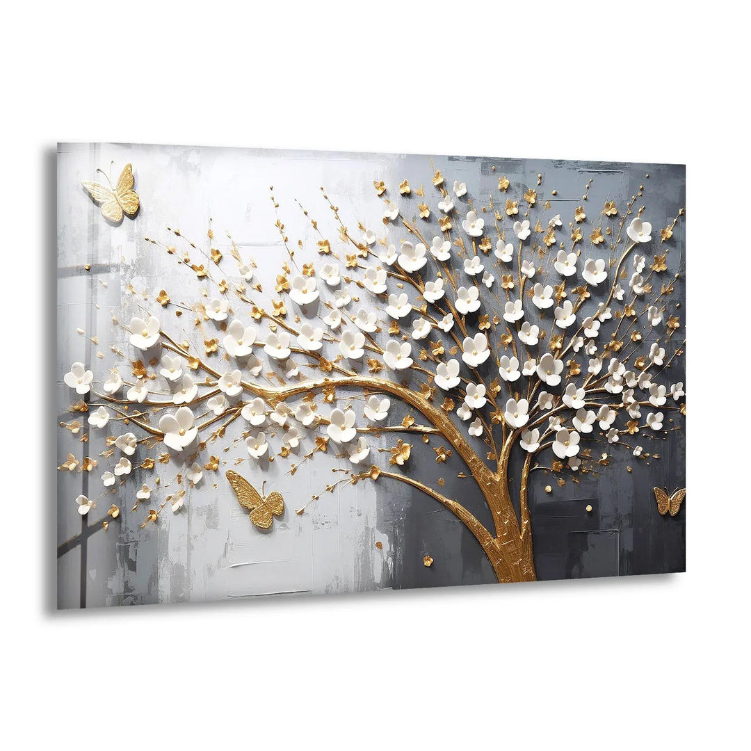 Golden Cherry Blossom Tree Wall Art – 3D Floral Glass Print with Butterflies - MyPhotoStation