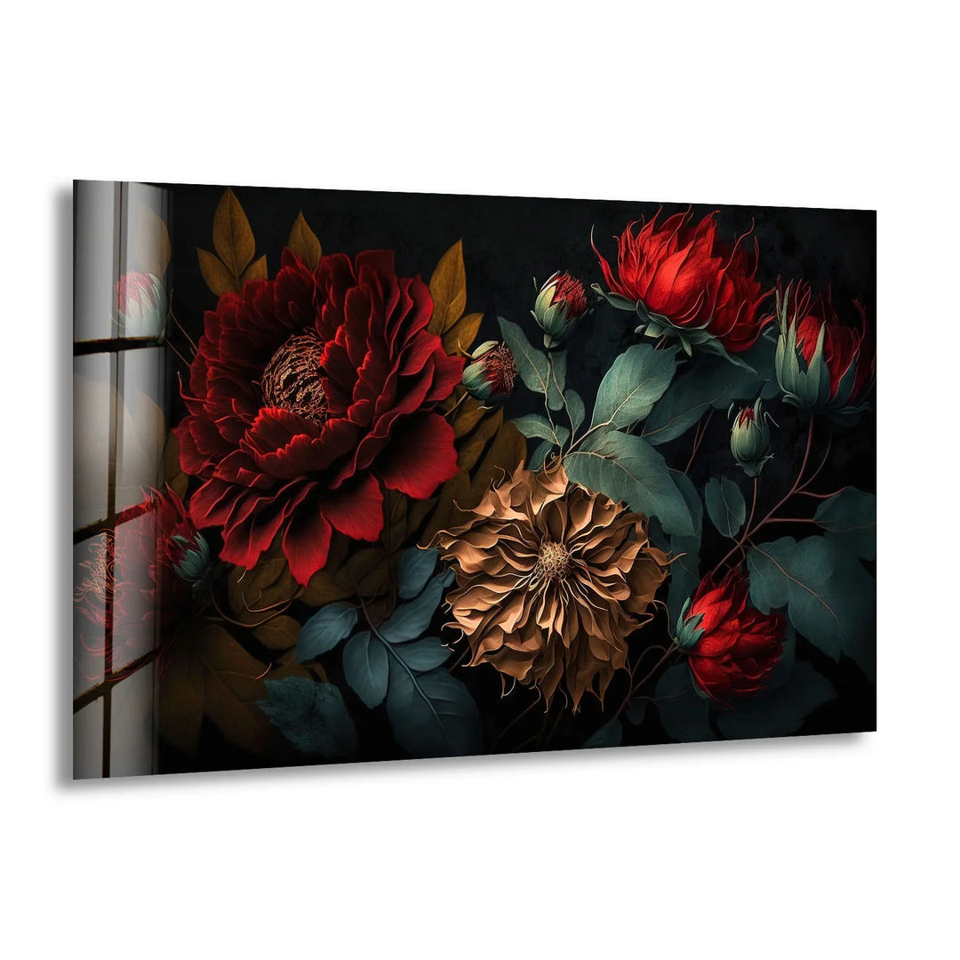 Dark Floral Elegance Wall Art – Red & Gold Botanical Glass Print - MyPhotoStation
