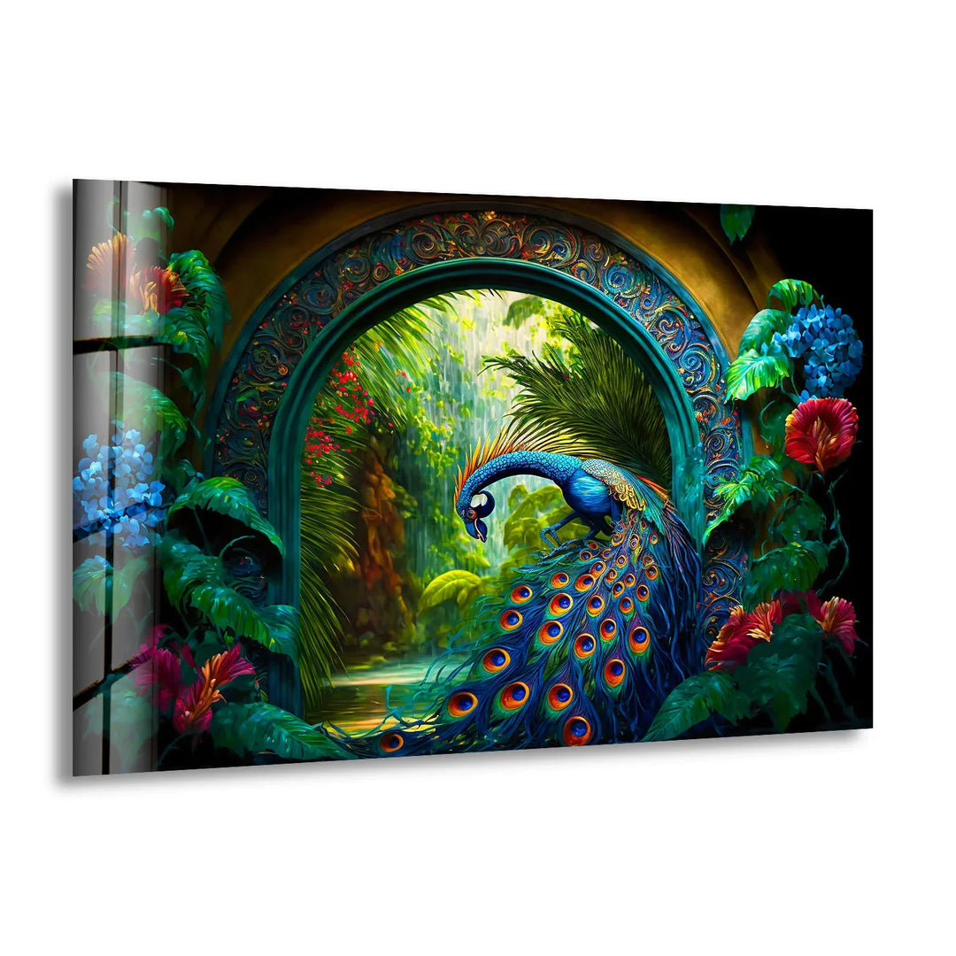 Majestic Peacock Garden Glass Wall Art – Elegant Nature-Inspired Decor - MyPhotoStation