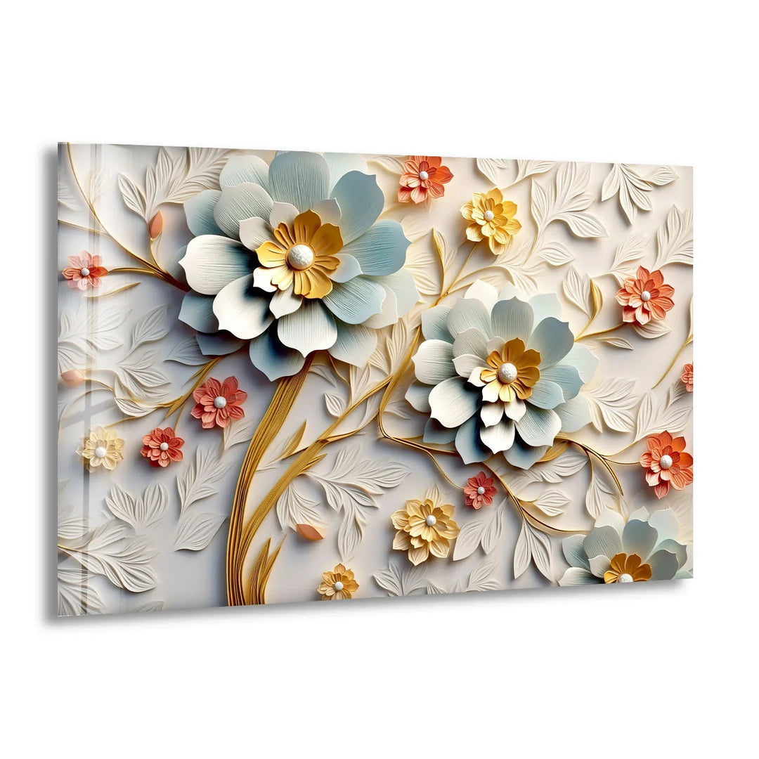 3D Blooming Flower Wall Art – Elegant Embossed Glass Floral Print - MyPhotoStation