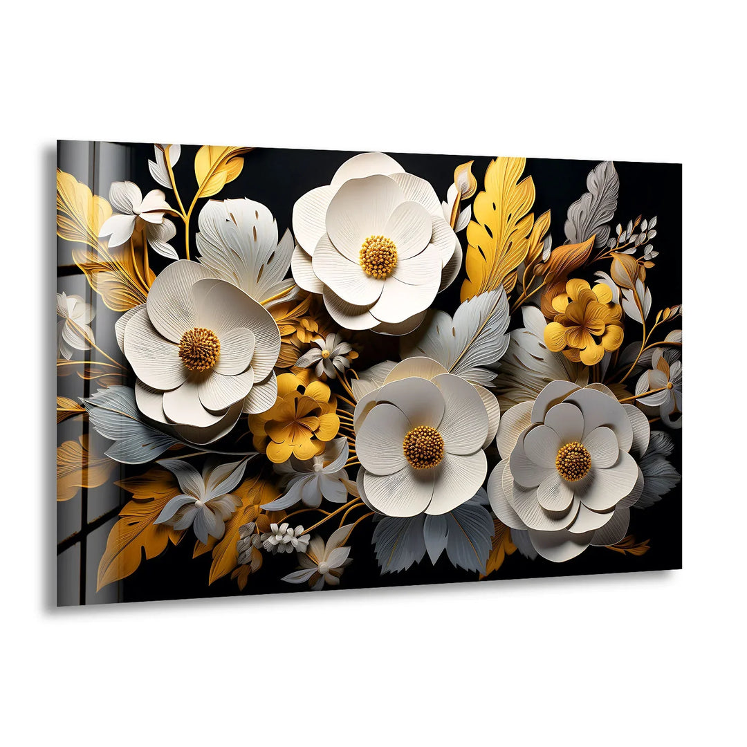 Luxury Floral Glass Wall Art – Gold & White 3D Flower Design - MyPhotoStation