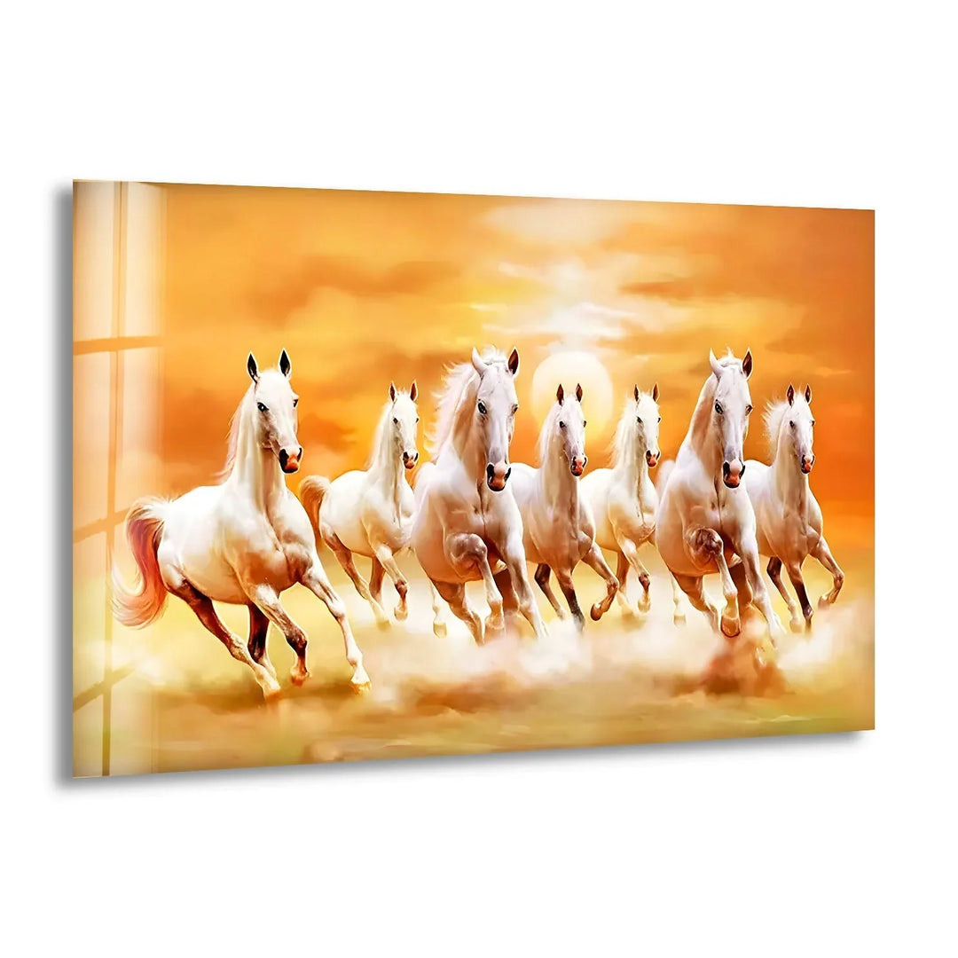 White Horses Running on Sunset Glass Wall Artglass art painting, glass art for the Wall