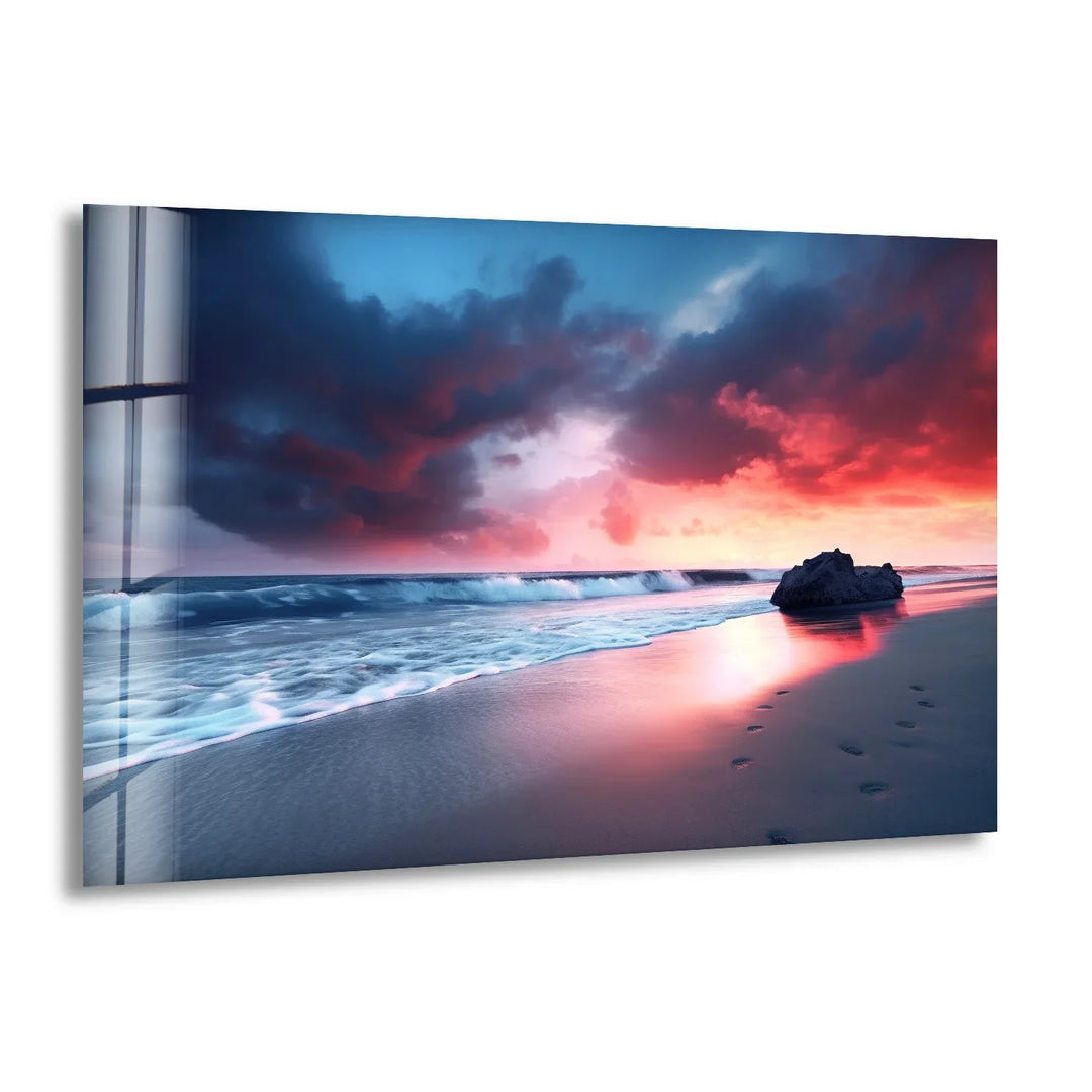 Dramatic Sunset Beach Wall Art – Stormy Sky and Footprints Glass Print for Bold Decor - MyPhotoStation