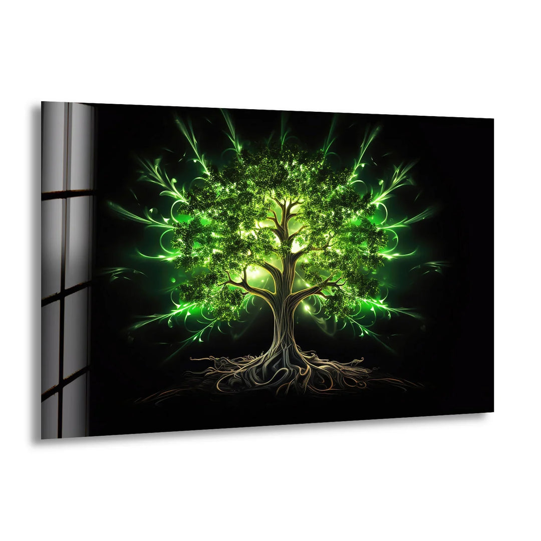 Enchanted Green Tree Wall Art – Glowing Nature-Inspired Glass Print with Dark Fantasy Vibes - MyPhotoStation
