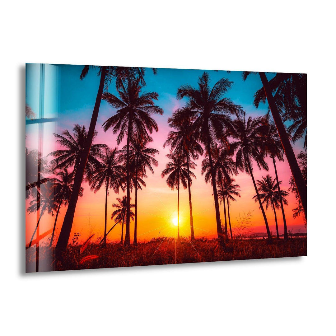 Palm Trees On Beach At Sunset Glass Wall Art - MyPhotoStation