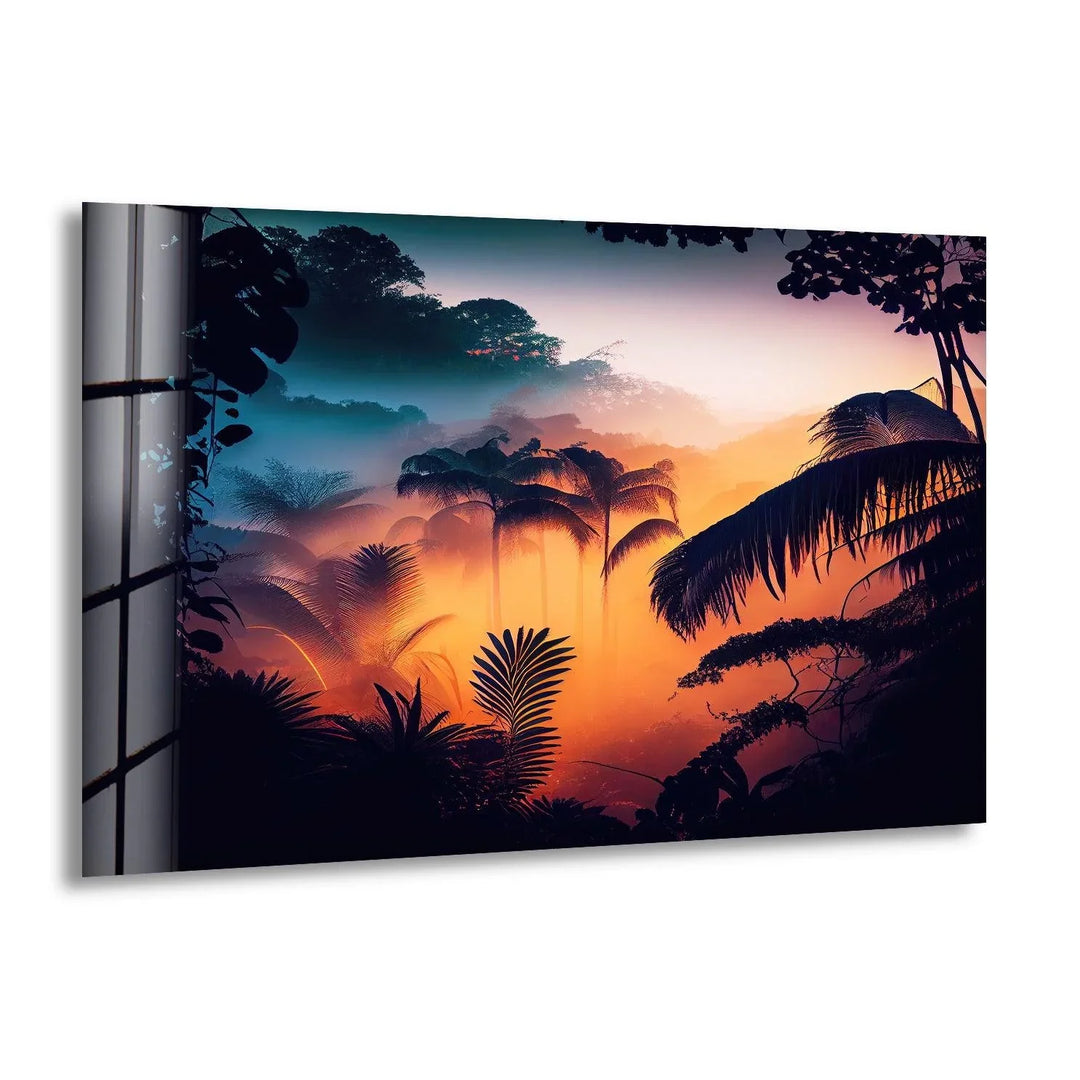 Beautiful jungle scene at sunrise with golden light filtering through lush green trees.