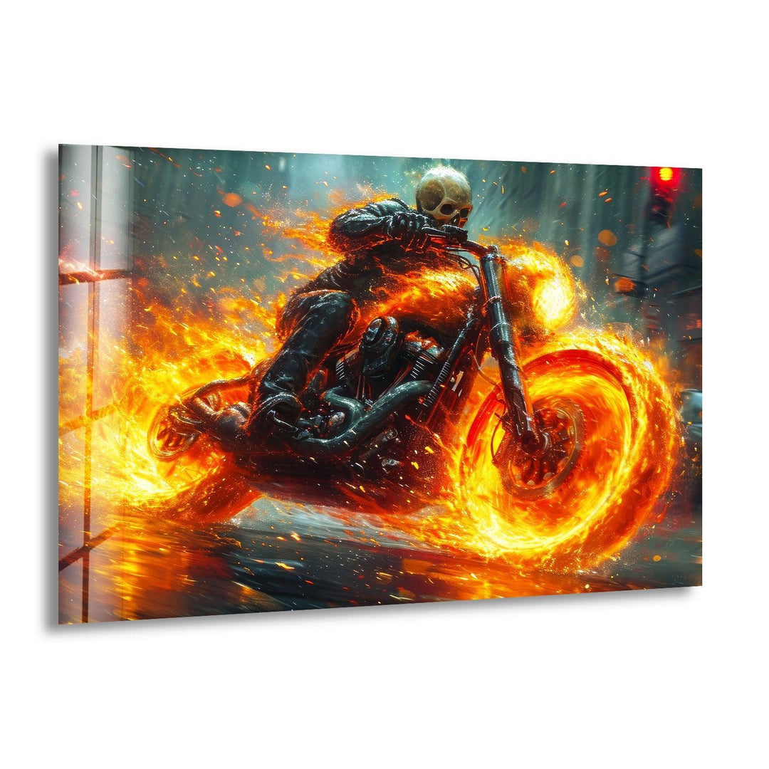Epic Flaming Rider Riding a Fire Motor Glass Photos