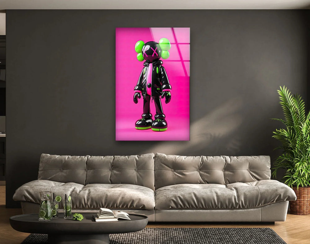 Neon Pink Kaws Glass Wall Art glass art painting, glass art for the Wall