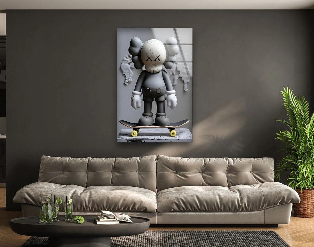 Grey Kaws With Skateboard Glass Wall Art glass wall decor, glass wall art decor