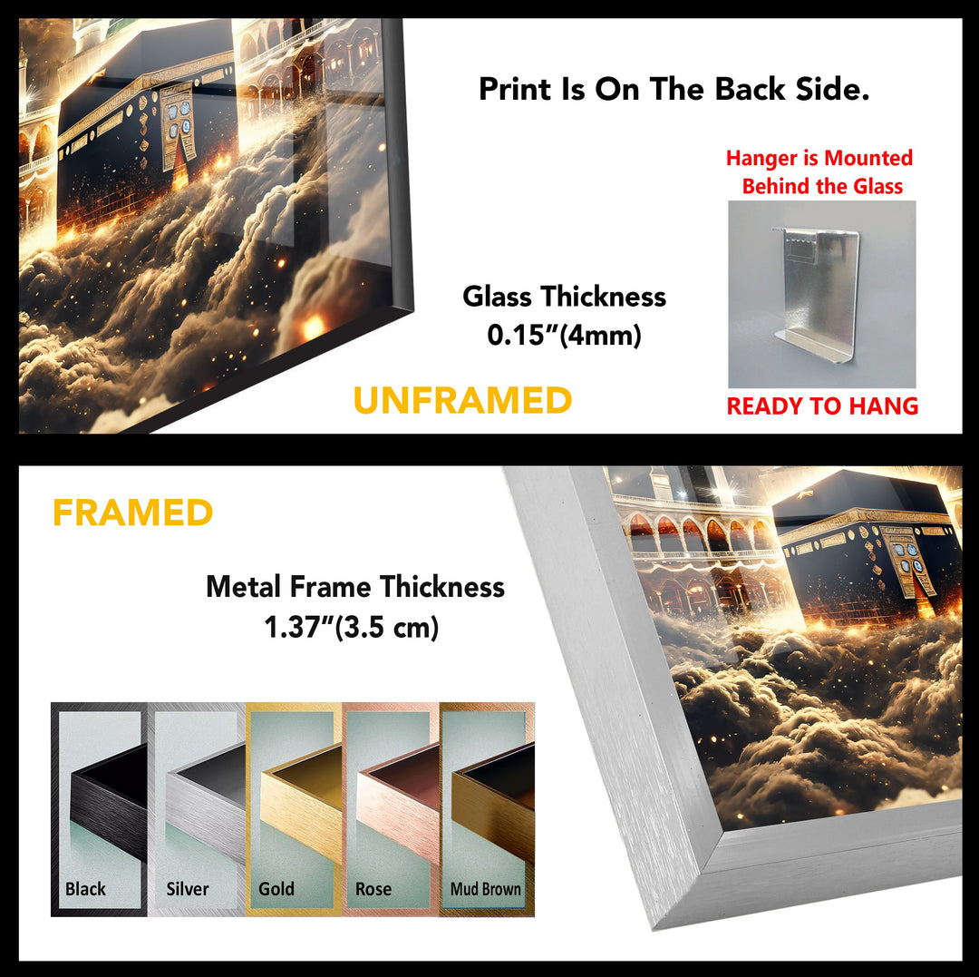 Heavenly Unity – Kaaba and Green Dome Under Divine Light Glass Wall Art