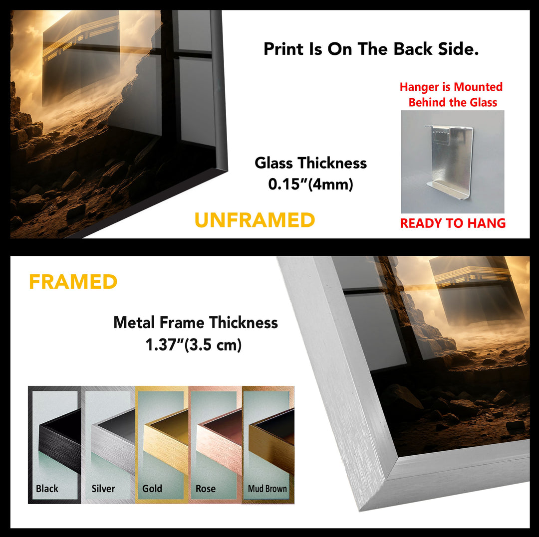 Divine Dawn – Kaaba Emerging Through Light and Stone Glass Wall Art