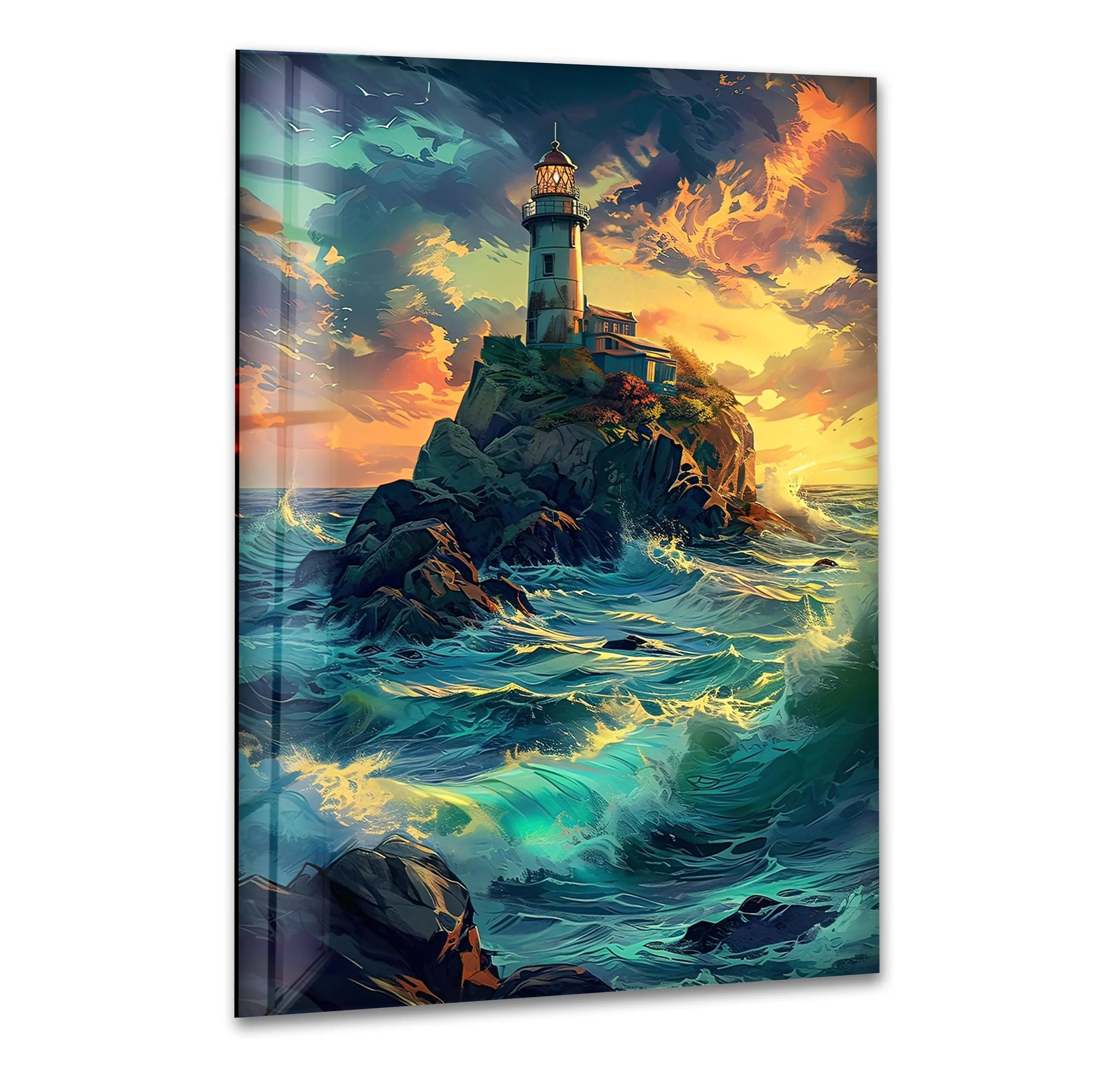 Majestic Lighthouse Glass Wall Art – Stunning Coastal Ocean Design