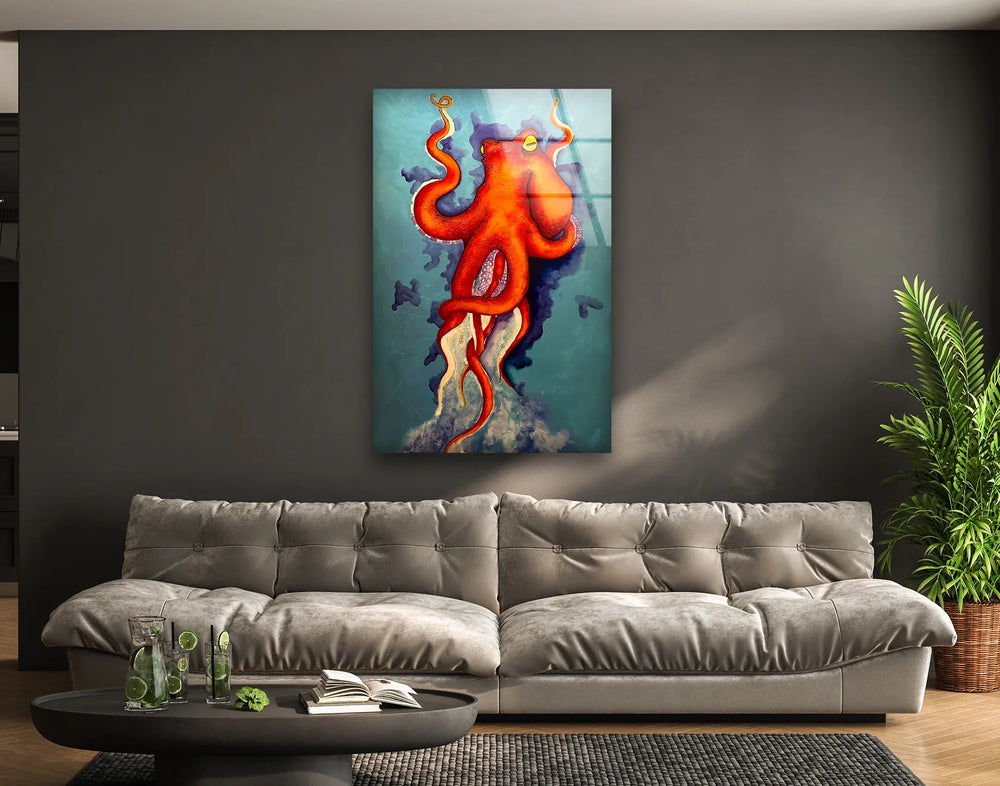 Oil Painting Cartoon Octopus Glass Wall Art print on glass, glass printed photos