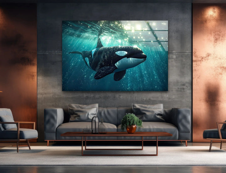 Shiny Orca Glass Wall Art photo print on glass, prints on glass wall art