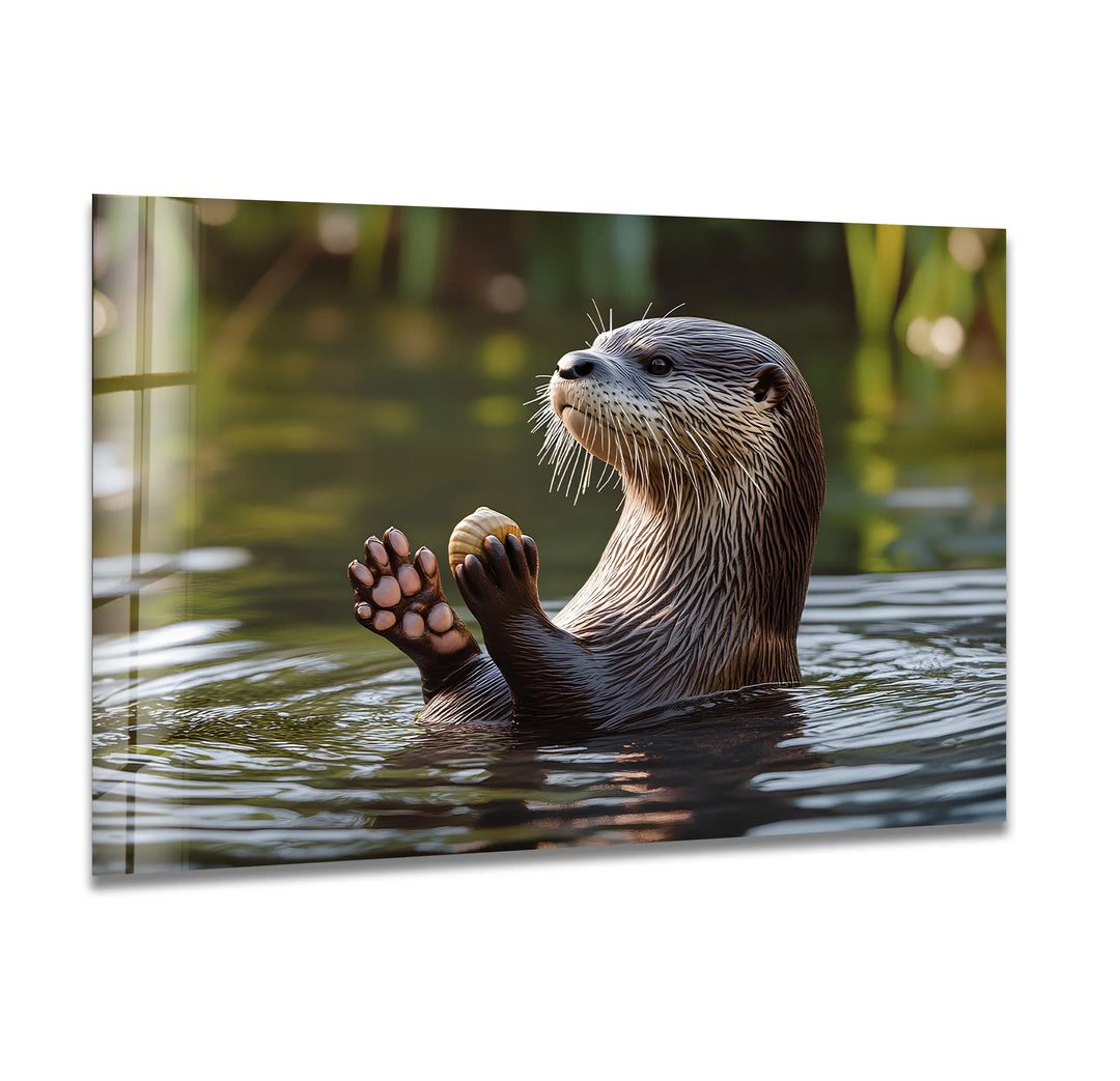 Pretty Otter In The Lake Glass Wall Art print picture on glass, Tempered Glass Wall Art