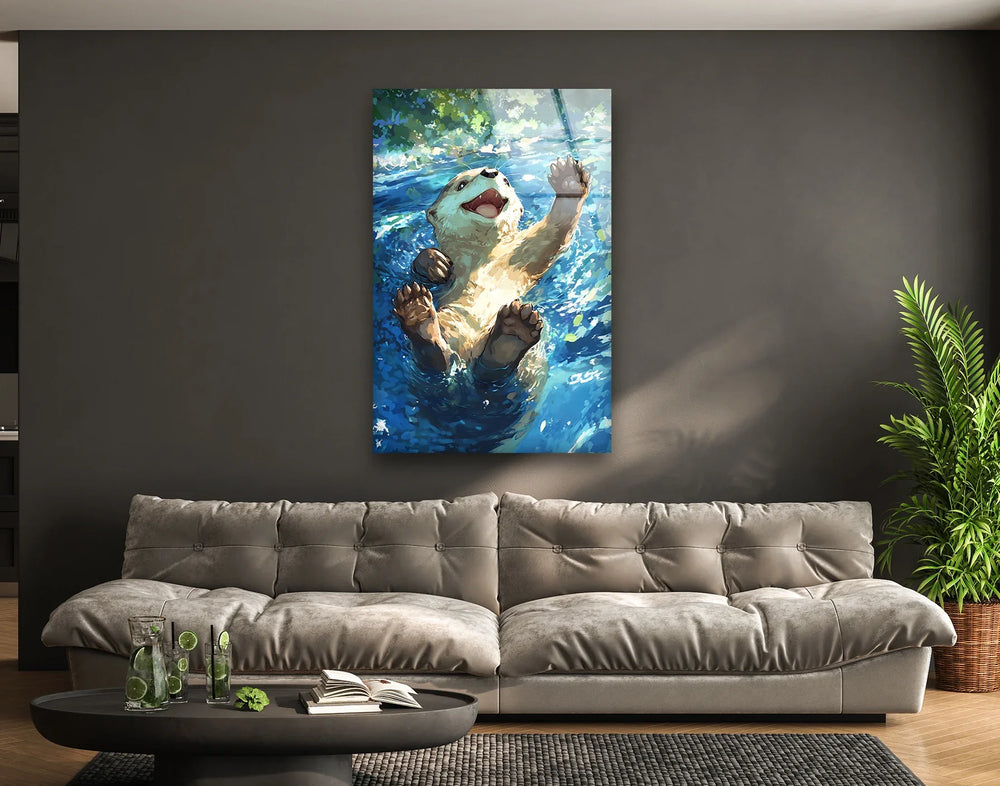 Otter Having Fun In the Water Glass Wall Art glass photo prints, glass picture prints