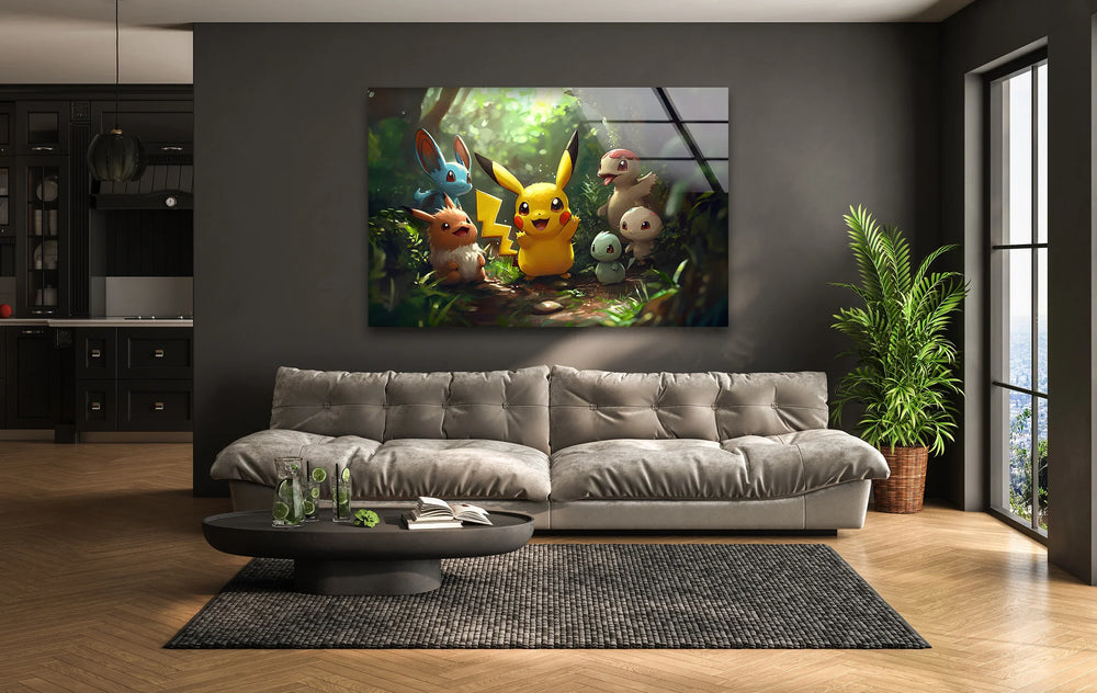 Cute Yellow Character with Friends Glass Wall Art picture on glass wall art, photos printed on glass