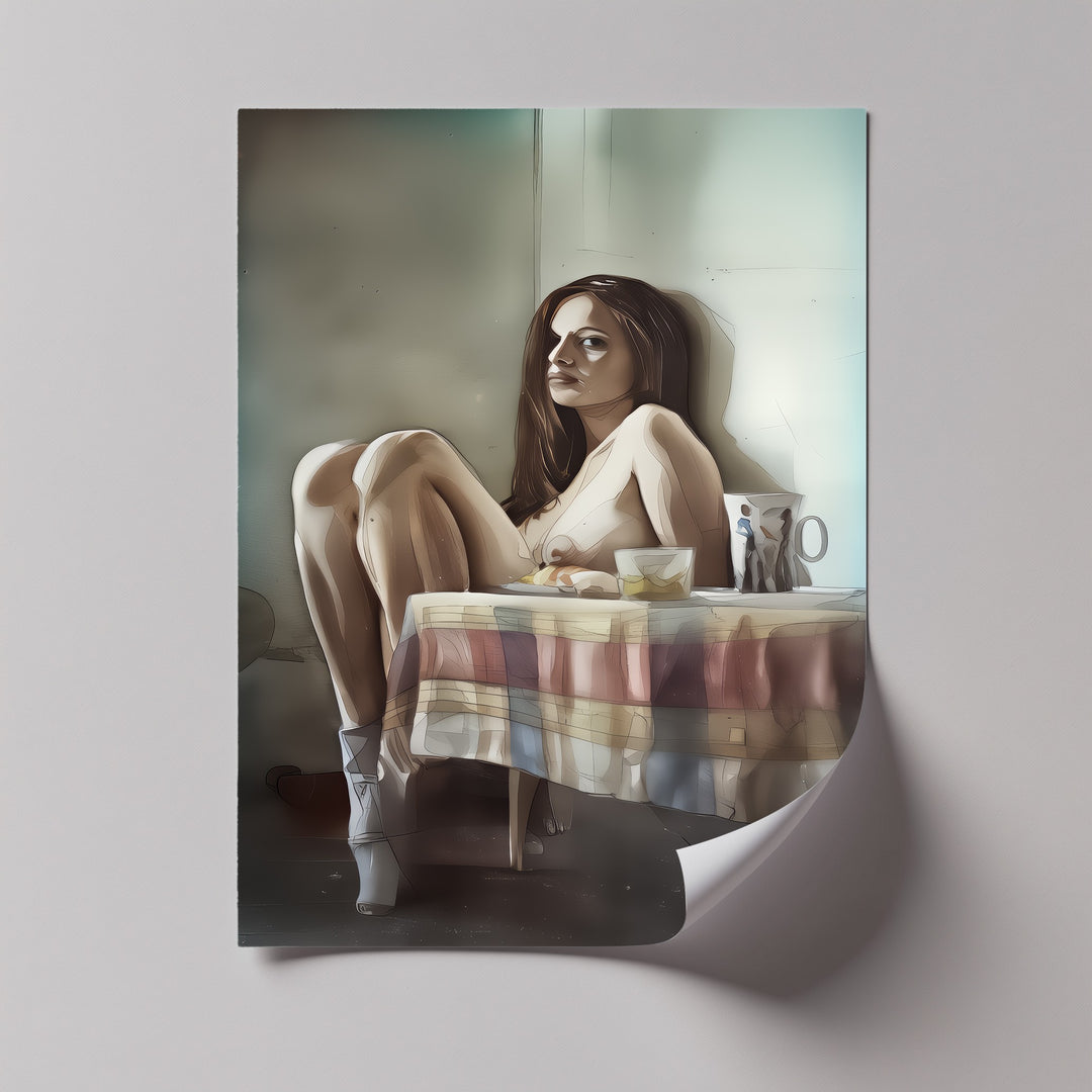 Melancholic Nude with Coffee Mug – Nude Canvas Art | Framed Art