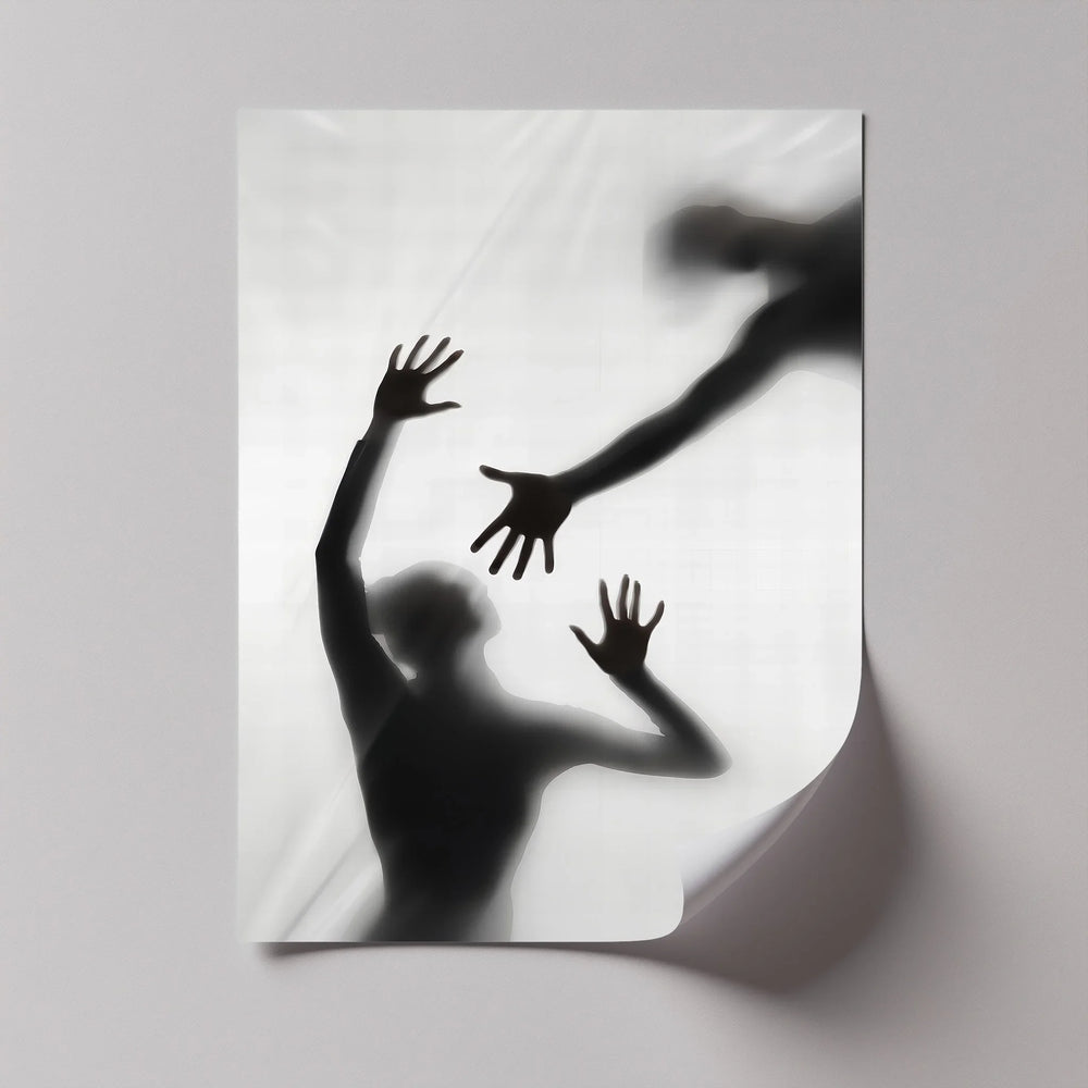 This bold canvas print captures an emotional moment of reaching, separation, and light through mystery.