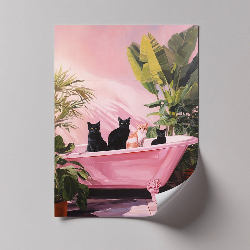 Four Cats in a Pink Bathtub – Playful Botanical Canvas Print - MyPhotoStation