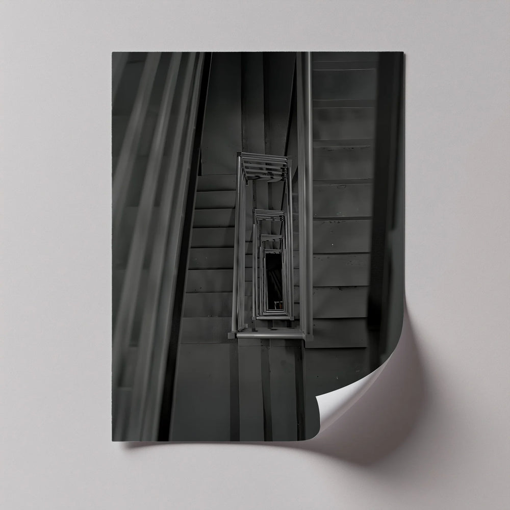 This eye-catching canvas print captures infinite stairwell geometry in minimalist monochrome.