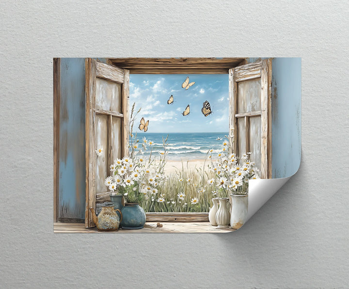Butterflies by the Shore – Vintage Window View Kitchen Canvas Print - MyPhotoStation