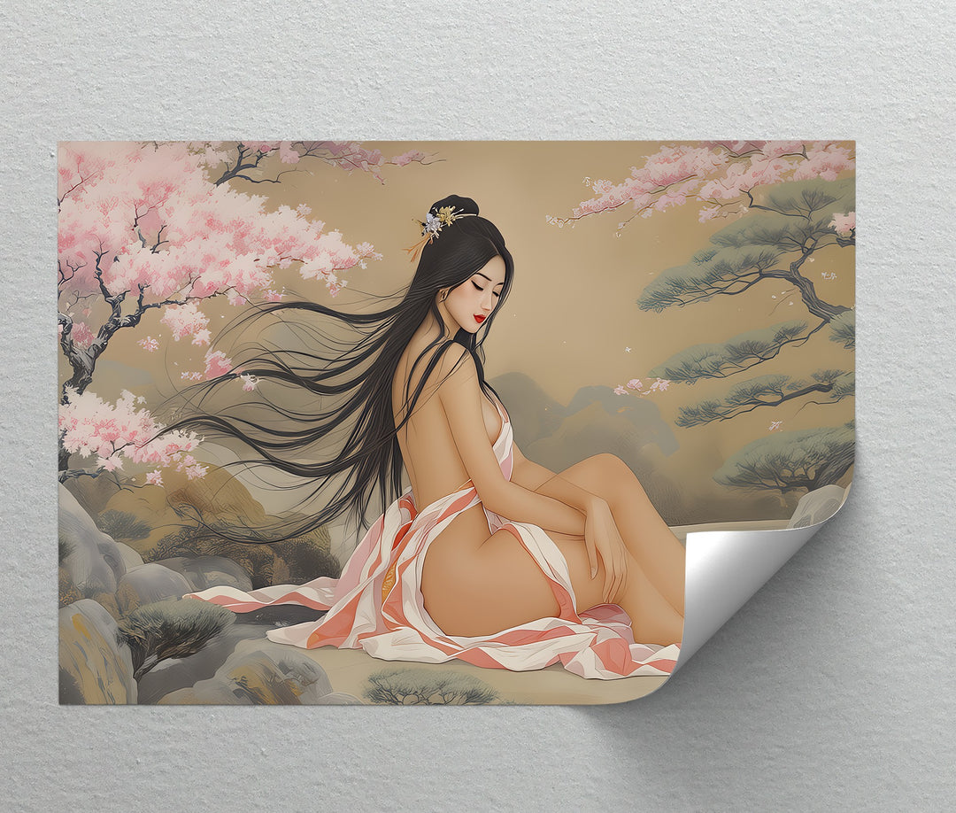 Asian Woman with Cherry Blossoms – Erotic Canvas Wall Art | Nude Art