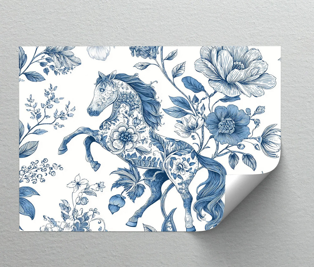 Floral Stallion Illustration – Blue Botanical Horse Canvas Print - MyPhotoStation