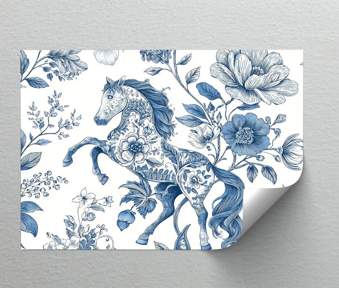 Floral Stallion Illustration – Blue Botanical Horse Canvas Print - MyPhotoStation