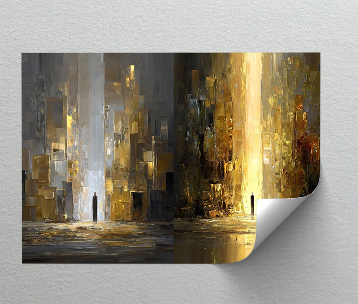 Dual tone light path canvas artwork with solitary silhouette figure