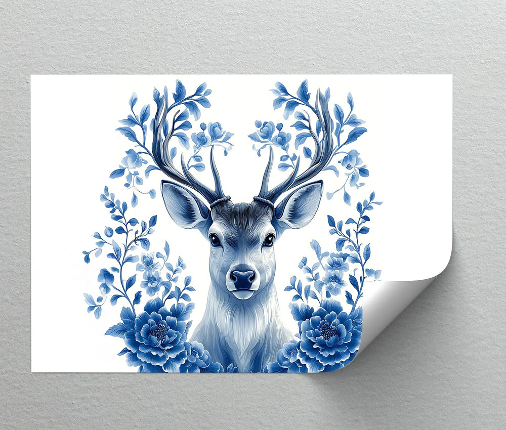 Floral-Antlered Deer in Blue – Nature-Inspired Canvas Print - MyPhotoStation