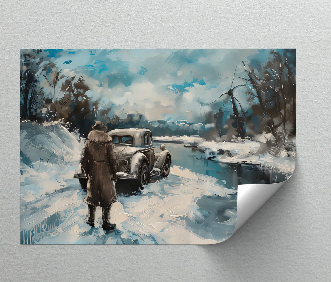 Vintage Car Scene in Snowy Landscape - Car Canvas Print