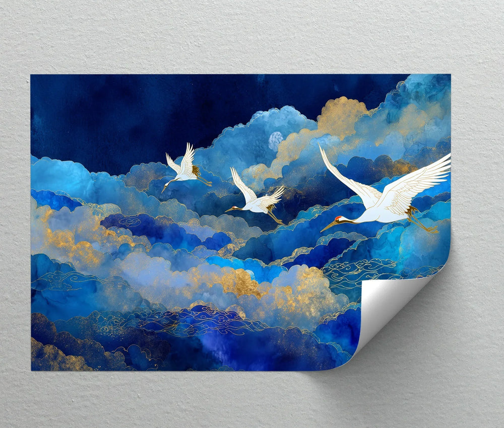 Celestial Cranes in Blue Skies – Elegant Flying Birds Canvas Print - MyPhotoStation