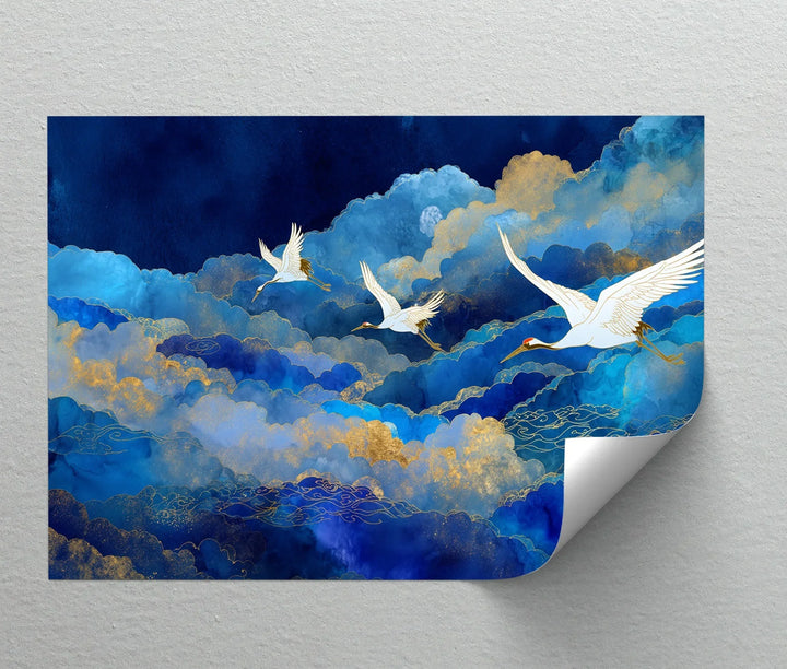 Celestial Cranes in Blue Skies – Elegant Flying Birds Canvas Print - MyPhotoStation