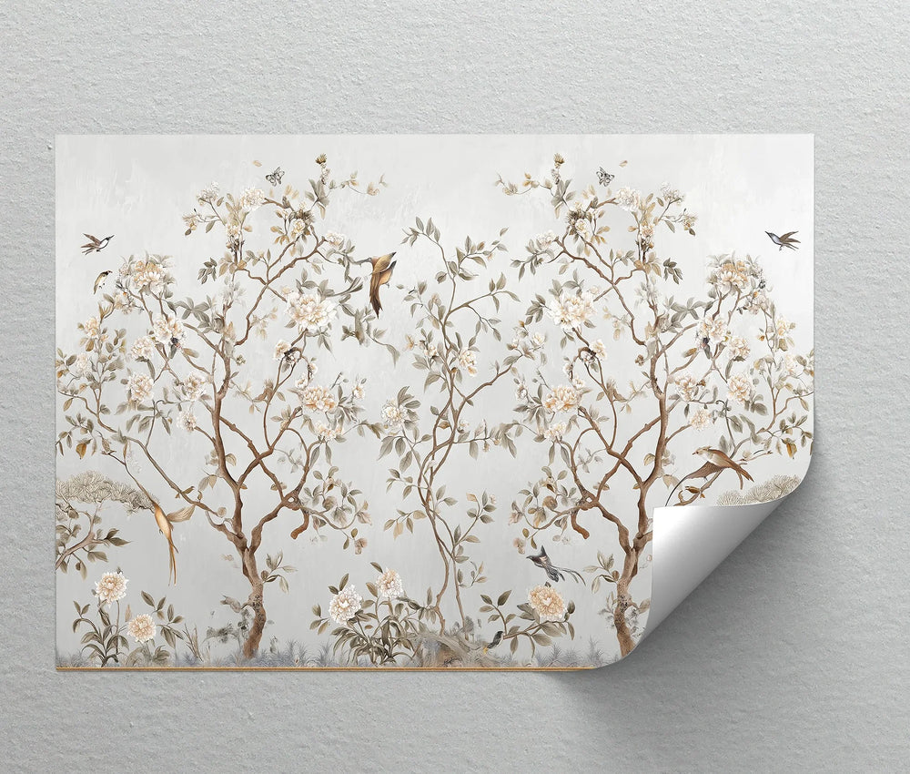 Delicate floral tree artwork with perched birds on canvas