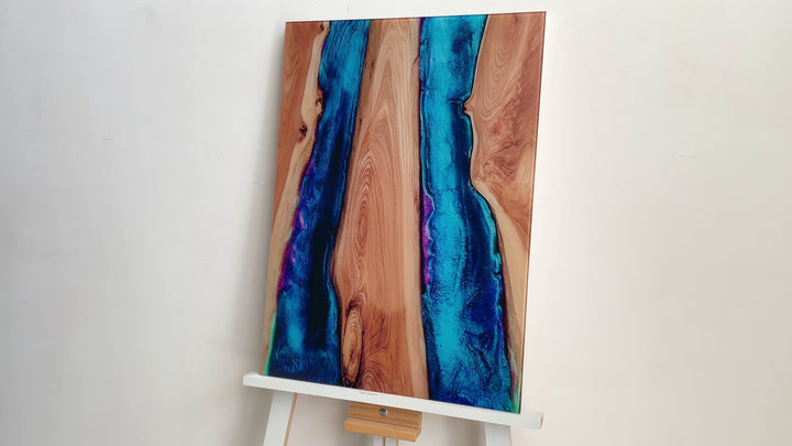 Wood and Blue Epoxy Pattern Beautiful Abstract Wall Art on Glass