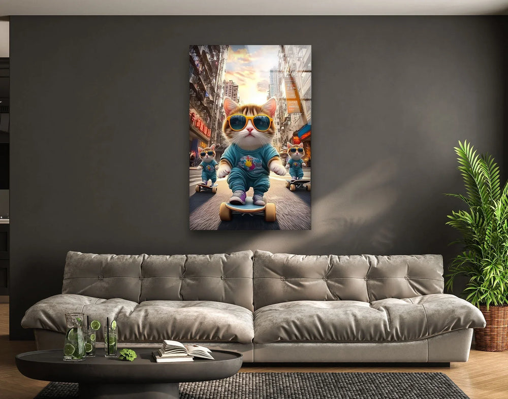 Skateboarder Cats Glass Wall Art art glass wall art, glass wall art pictures